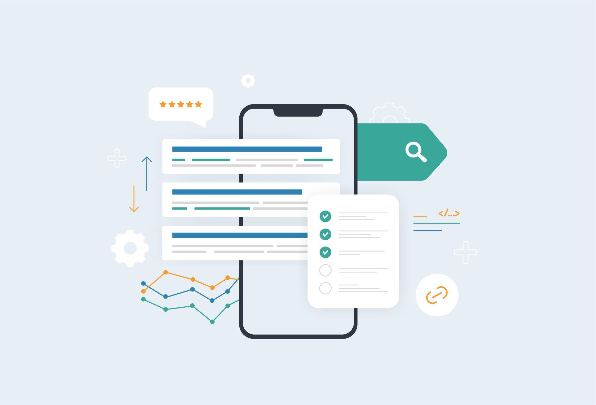 Illustration showing mobile workflows, search elements and productivity tools used to support creators working with only fans managers.
